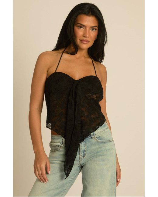 Rebellious Fashion Natural Lace Halterneck Tie Front Top