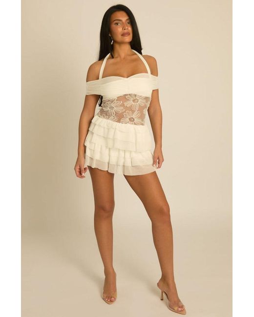 Rebellious Fashion Natural Floral Embroidered Ruffle Mini Dress