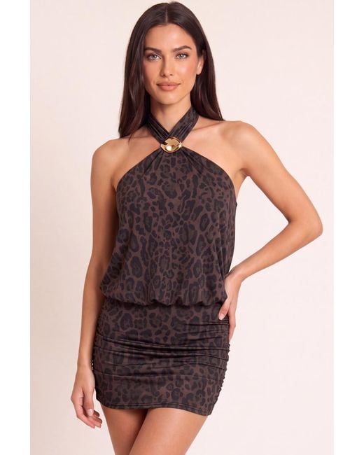 Rebellious Fashion Multicolor Print Halterneck Blouson Mini Dress