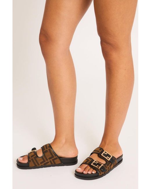 Rebellious Fashion Black Monogram Buckle Detail Slider Sandals