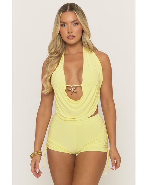 Rebellious Fashion Yellow Starfish Trim Top And Ruched Short Co-Ord Set