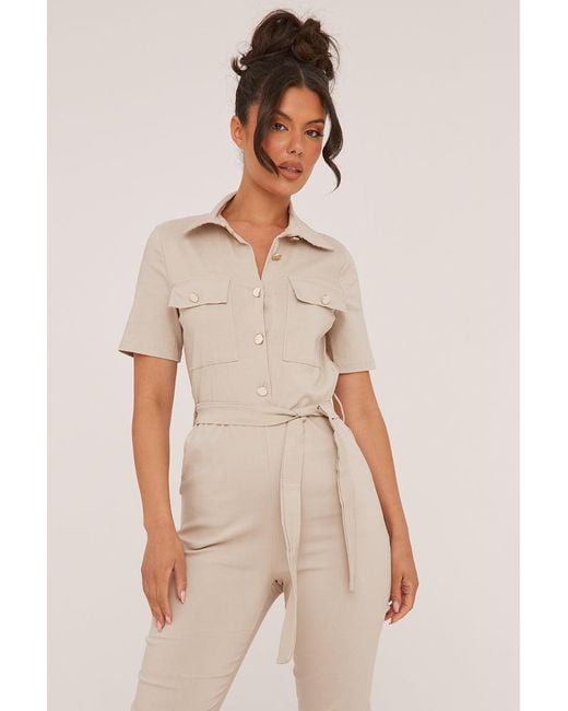 Rebellious Fashion Natural Button Up Front Utility Jumpsuit