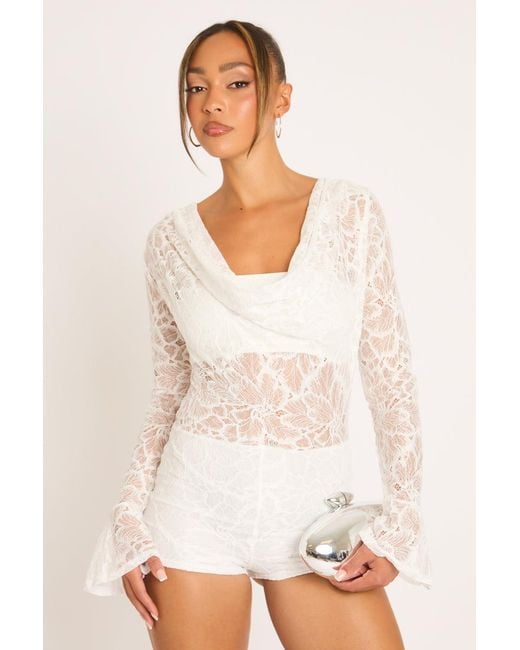 Rebellious Fashion White Cream Lace Cowl Front Micro Playsuit