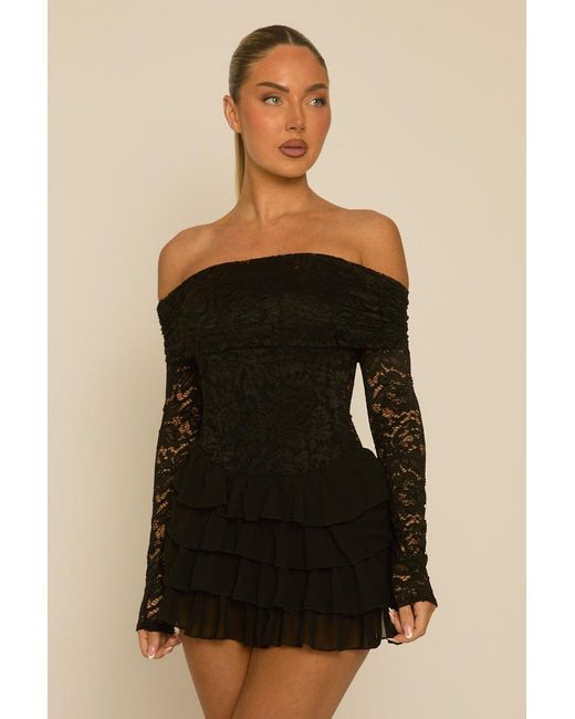 Rebellious Fashion Black Bardot Frill Lace Playsuit