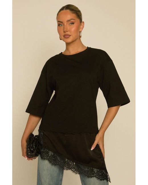 Rebellious Fashion Natural Satin Lace Hem Oversized T-Shirt