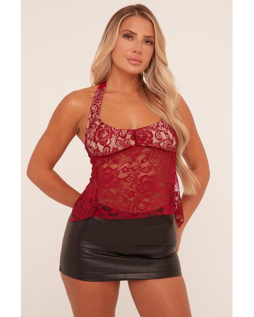 Rebellious Fashion Red Burgundy Lace Halter Neck Cropped Top