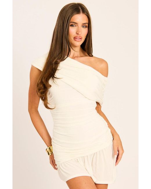 Rebellious Fashion Natural Off Shoulder Asymmetric Ruched Mini Dress