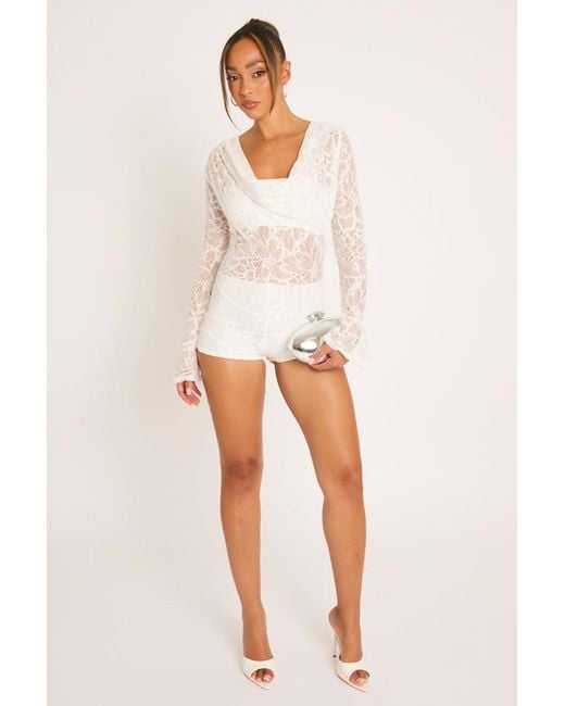Rebellious Fashion White Cream Lace Cowl Front Micro Playsuit