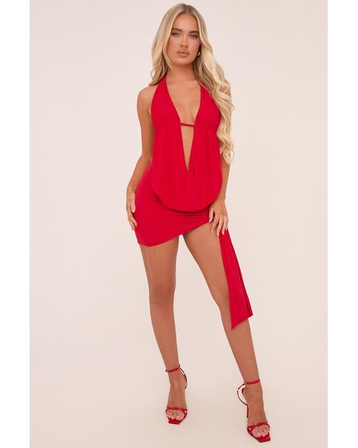 Rebellious Fashion Red Plunge Neck Cowl Detail Top & Mini Skirt Co-Ord Set