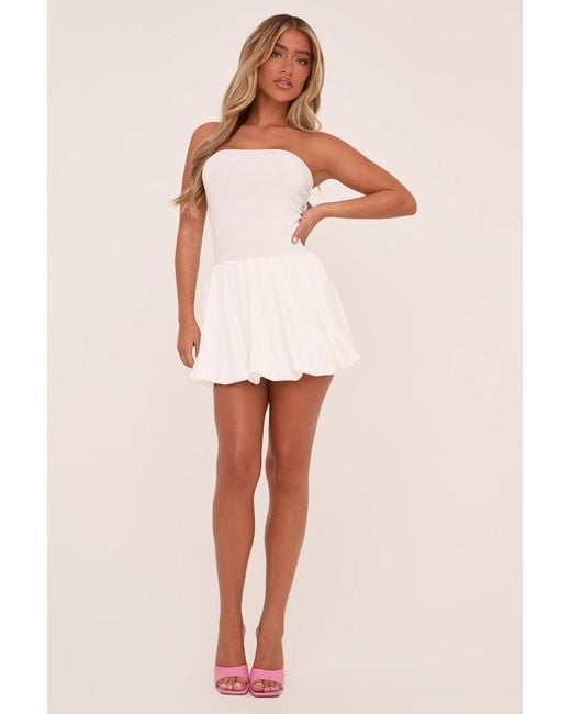 Rebellious Fashion White Bandeau Drop Waist Puffball Detail Mini Dress