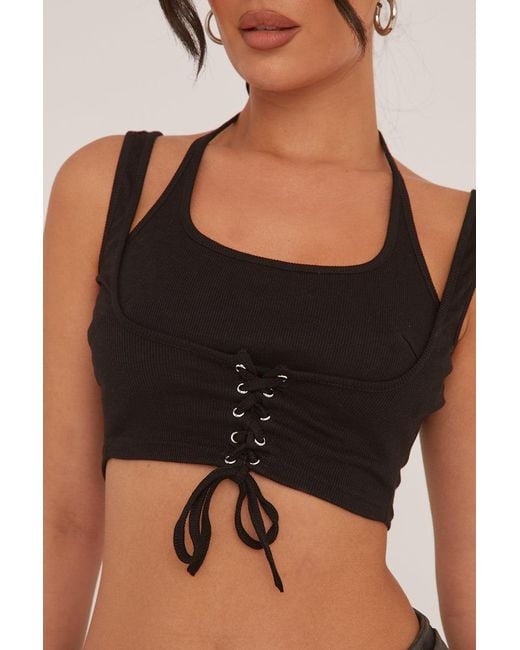 Rebellious Fashion Black Lace Up Detail Cropped Top