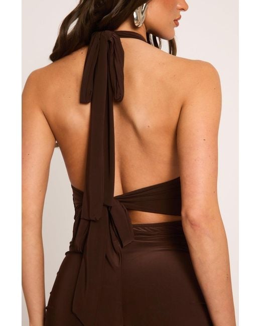 Rebellious Fashion Brown Halter Neck Plunge Tie Back Playsuit