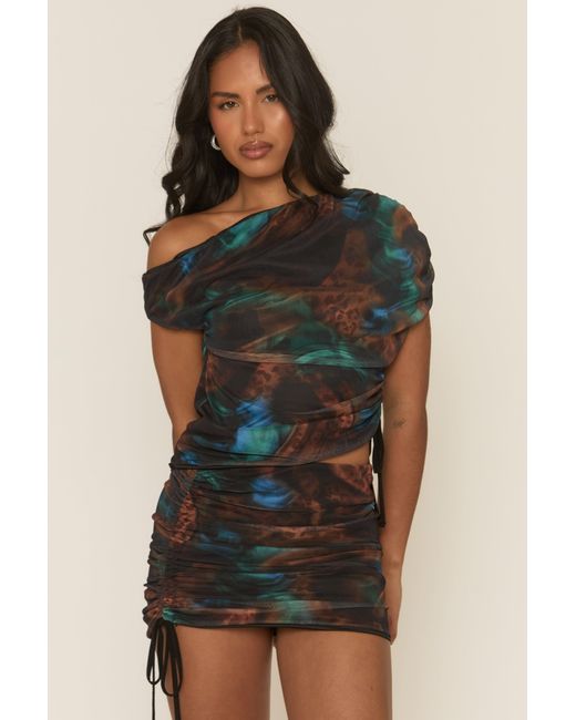Rebellious Fashion Blue Printed Asymmetric Top And Mini Skirt Co-Ord Set