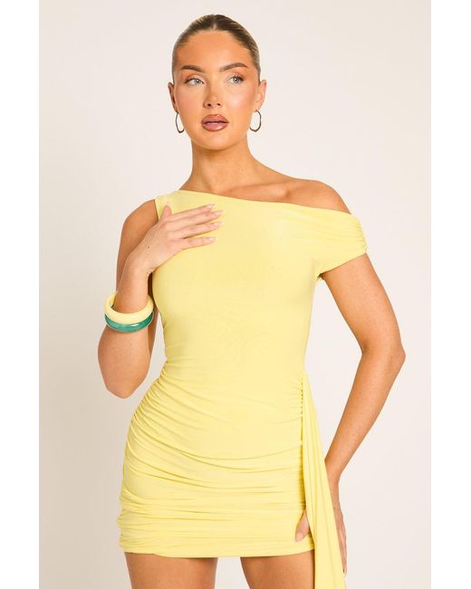 Rebellious Fashion Yellow Slinky Off Shoulder Drape Mini Dress