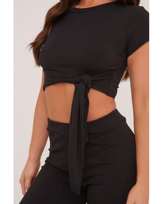 Rebellious Fashion Black Tie Front Cropped Top & Trousers Co-Ord Set
