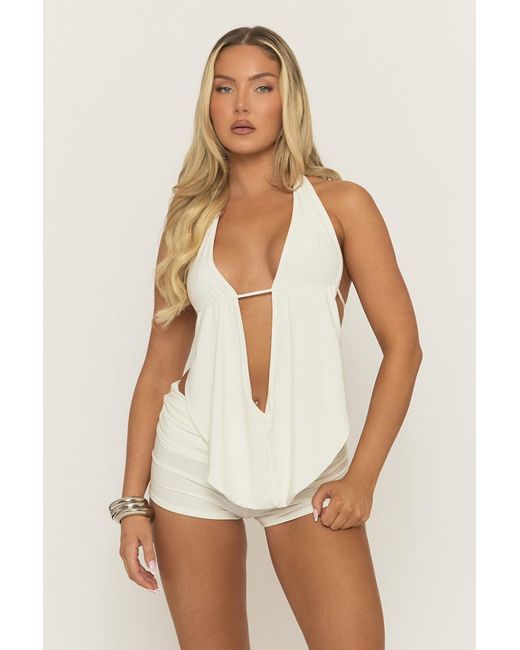Rebellious Fashion White Slinky Plunge Top And Micro Short Co-Ord Set