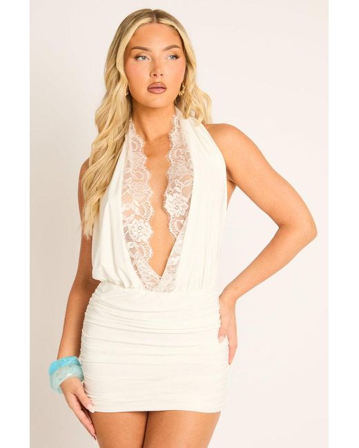 Rebellious Fashion White Lace Trim Cowl Mini Dress