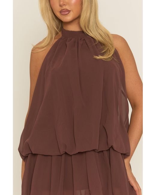 Rebellious Fashion Brown Halterneck Blouson Mini Dress