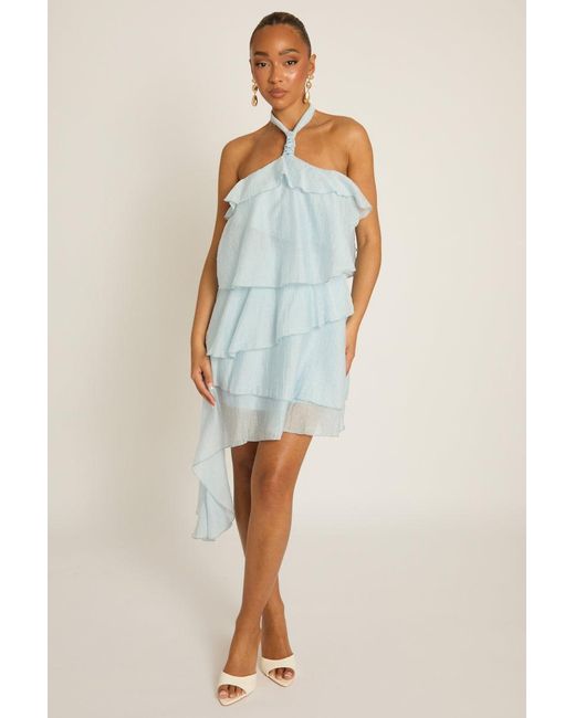 Rebellious Fashion Blue Ruffle Halterneck Mini Dress