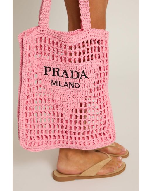 Rebellious Fashion Pink Logo Detail Raffia Tote Bag