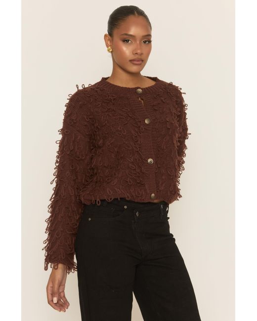 Rebellious Fashion Brown Loop Knit Fringe Button Up Cardigan