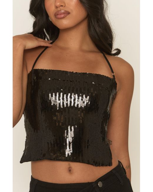 Rebellious Fashion Black Sequin Cowl Halterneck Crop Top