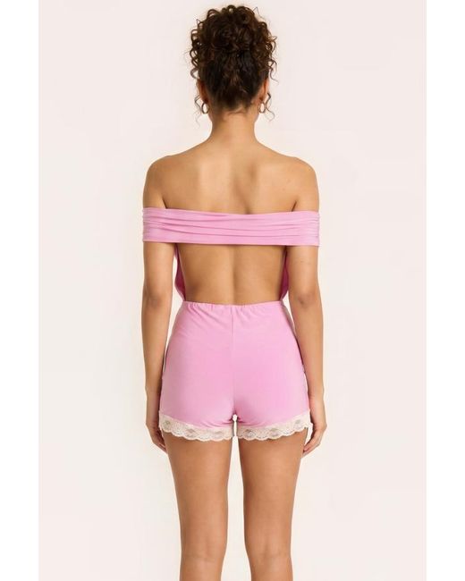Rebellious Fashion Pink Off Shoulder Bardot Lace Trim Playsuit