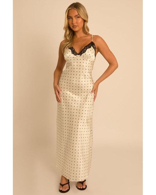 Rebellious Fashion Natural Ivory Polka Dot Satin Slip Maxi Dress