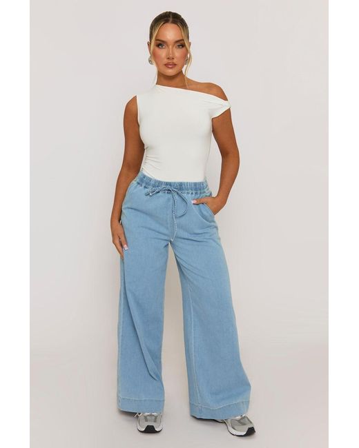 Rebellious Fashion Blue Light Wash Elasticated Waist Wide Leg Jeans