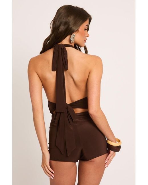 Rebellious Fashion Brown Halter Neck Plunge Tie Back Playsuit