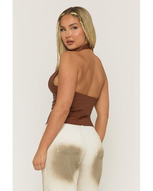 Rebellious Fashion Brown Tan Faux Leather Lace Front Halter Top