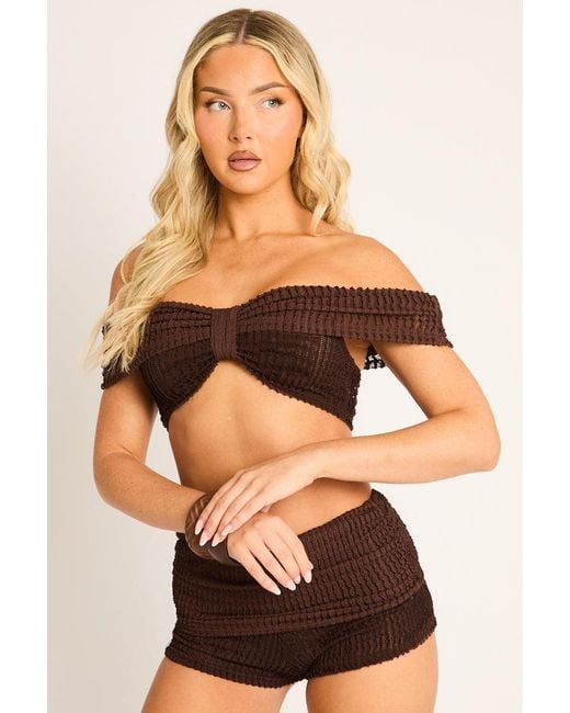 Rebellious Fashion Brown Textured Bardot Crop Top And Fold Over Shorts Co-Ord Set