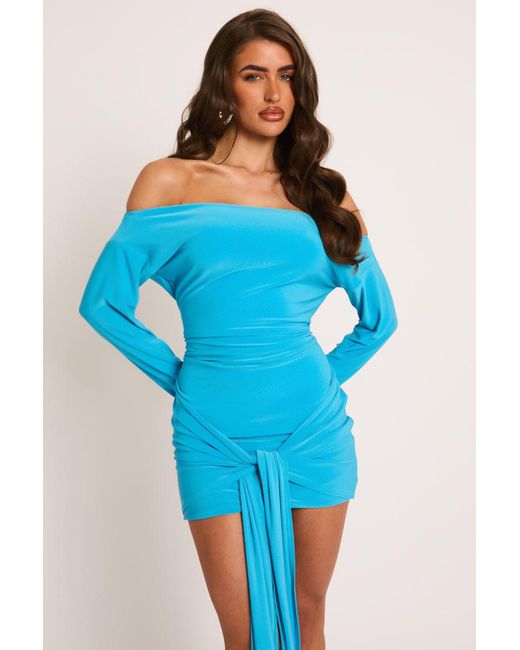 Rebellious Fashion Blue Electric Long Flared Sleeves Drape Detail Bodycon Mini Dress