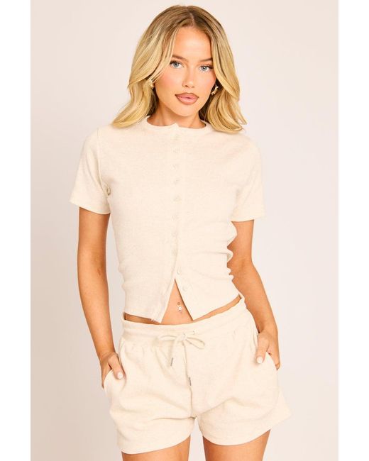Rebellious Fashion Natural Rib Button Front Top And Short Loungewear Co-Ord Set