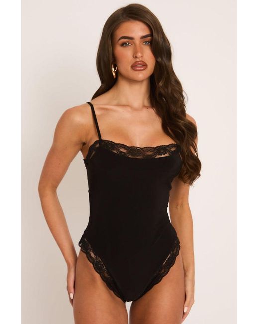 Rebellious Fashion Black Slinky Lace Trim Bodysuit