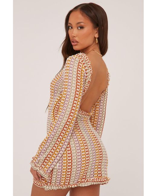 Rebellious Fashion Natural Knit Abstract Pattern Backless Mini Dress