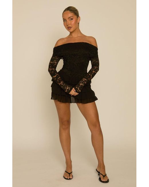 Rebellious Fashion Black Bardot Frill Lace Playsuit