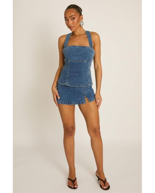 Rebellious Fashion Blue Mid Denim Seam Detail Top