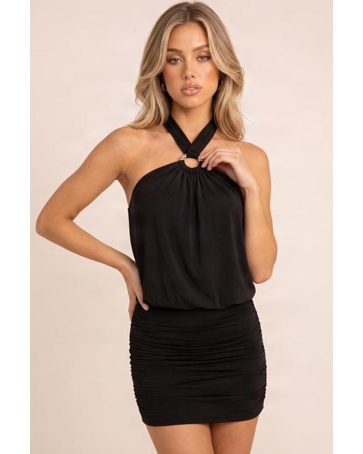 Rebellious Fashion Black Trim Halterneck Mini Dress