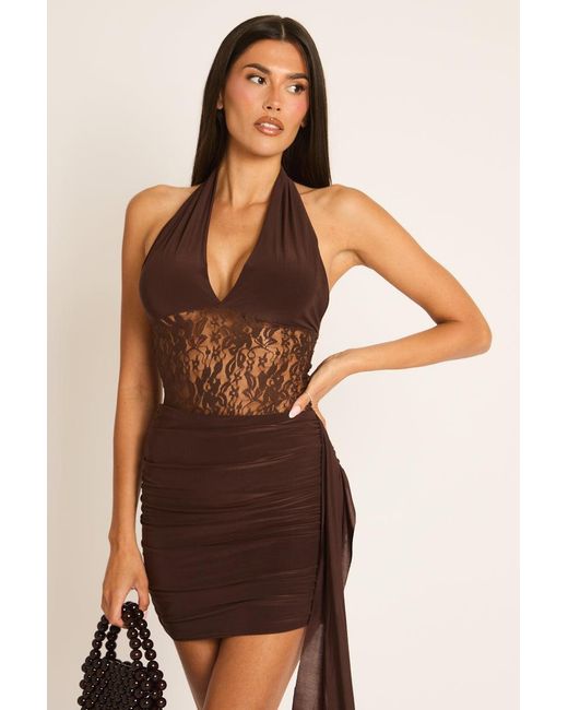 Rebellious Fashion Brown Lace Insert Tie Side Mini Dress