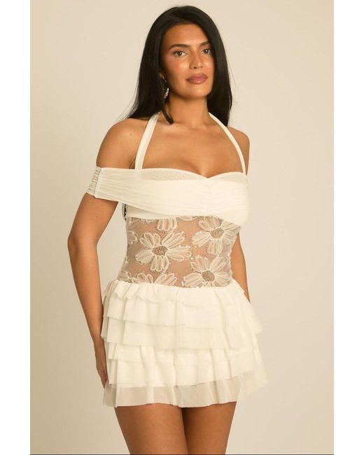 Rebellious Fashion Natural Floral Embroidered Ruffle Mini Dress