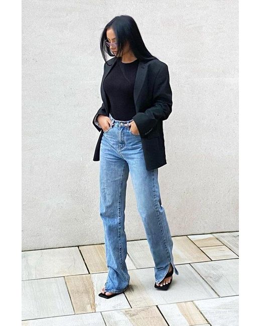 Rebellious Fashion Black Mid Wash Straight Leg Side Split Hem Jeans