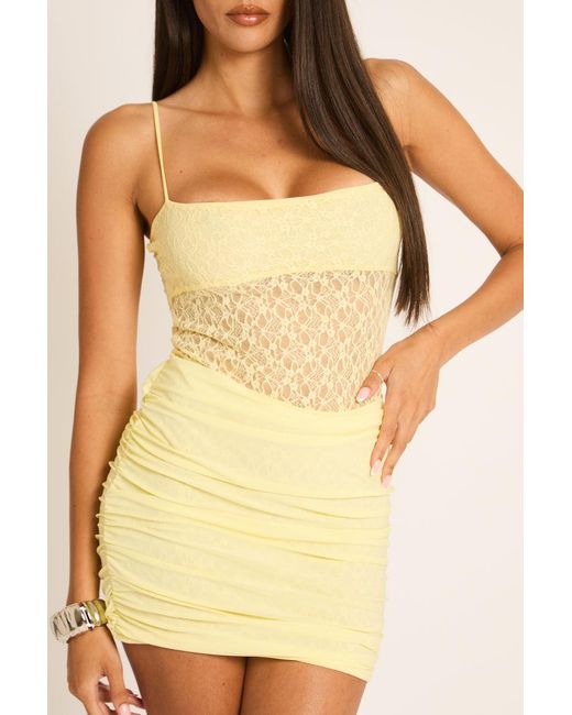 Rebellious Fashion Yellow Lace Ruched Drape Mini Dress