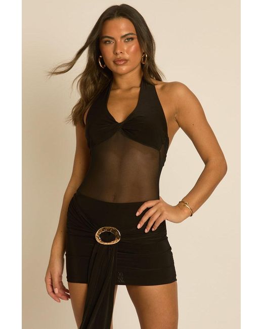 Rebellious Fashion Natural Mesh Halterneck Drape Mini Dress