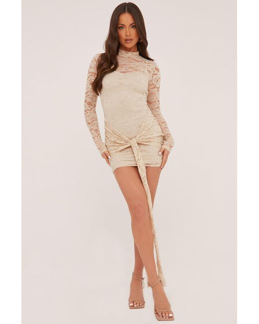 Rebellious Fashion Natural Lace High Neck Tie Front Mini Dress