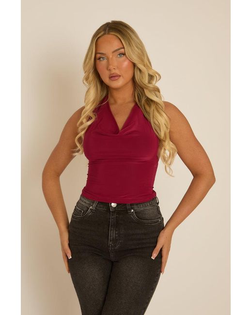 Rebellious Fashion Red Wine Slinky Plunge Halter Top