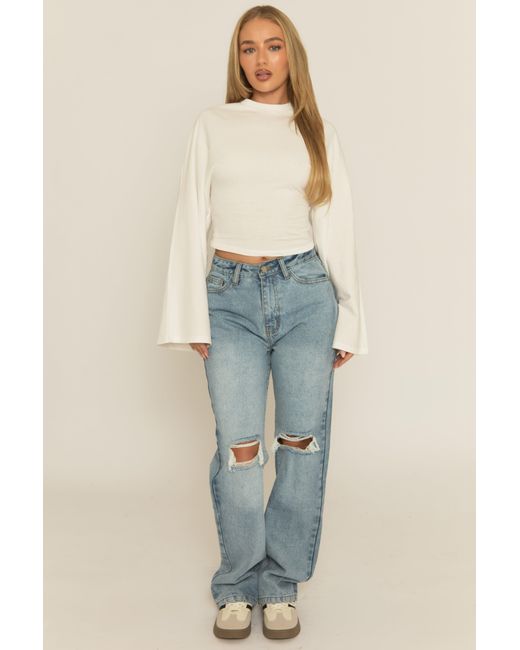 Rebellious Fashion Blue Mid Wash Denim Distressed Knee Extra Long Jeans