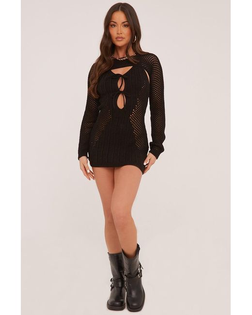 Rebellious Fashion Black Crochet Tie Front Long Sleeve Mini Dress