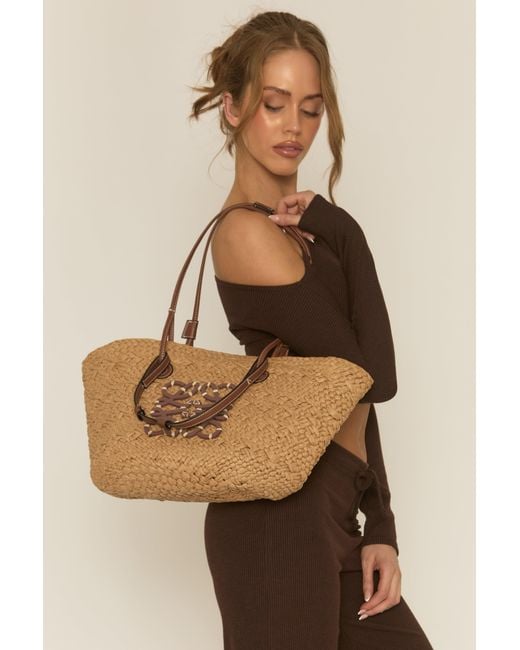 Rebellious Fashion Brown Logo Detail Raffia Tote Bag