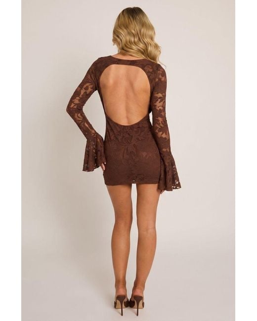Rebellious Fashion Brown Burnout Floral Flare Sleeve Mini Dress